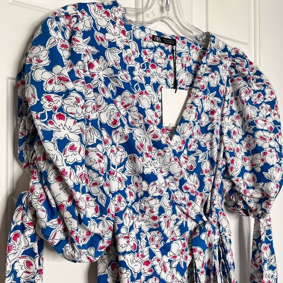 NWT ZARA Floral Print Poplin Cotton Tie Mini Dress S - Picture 9 of 15